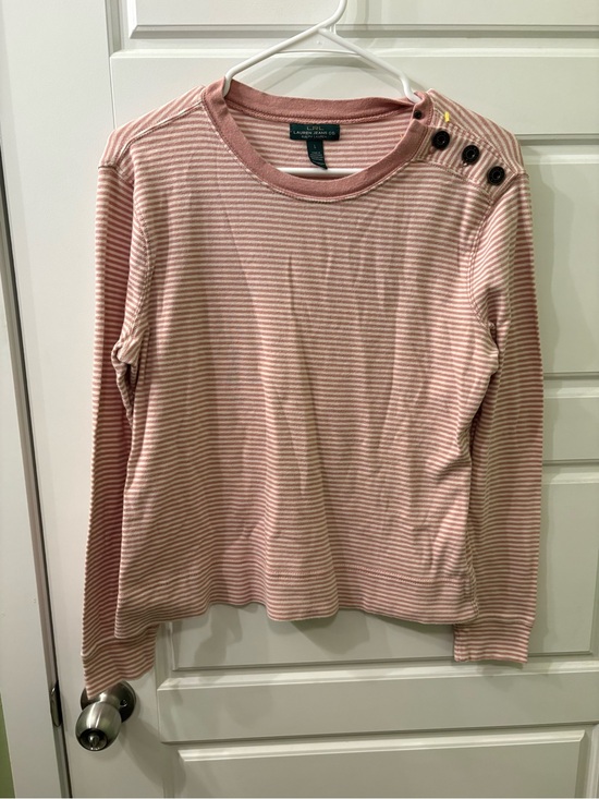 Ralph Lauren Tops - Lauren Ralph‎ Lauren Pink Striped Long-Sleeve Top with Shoulder Buttons